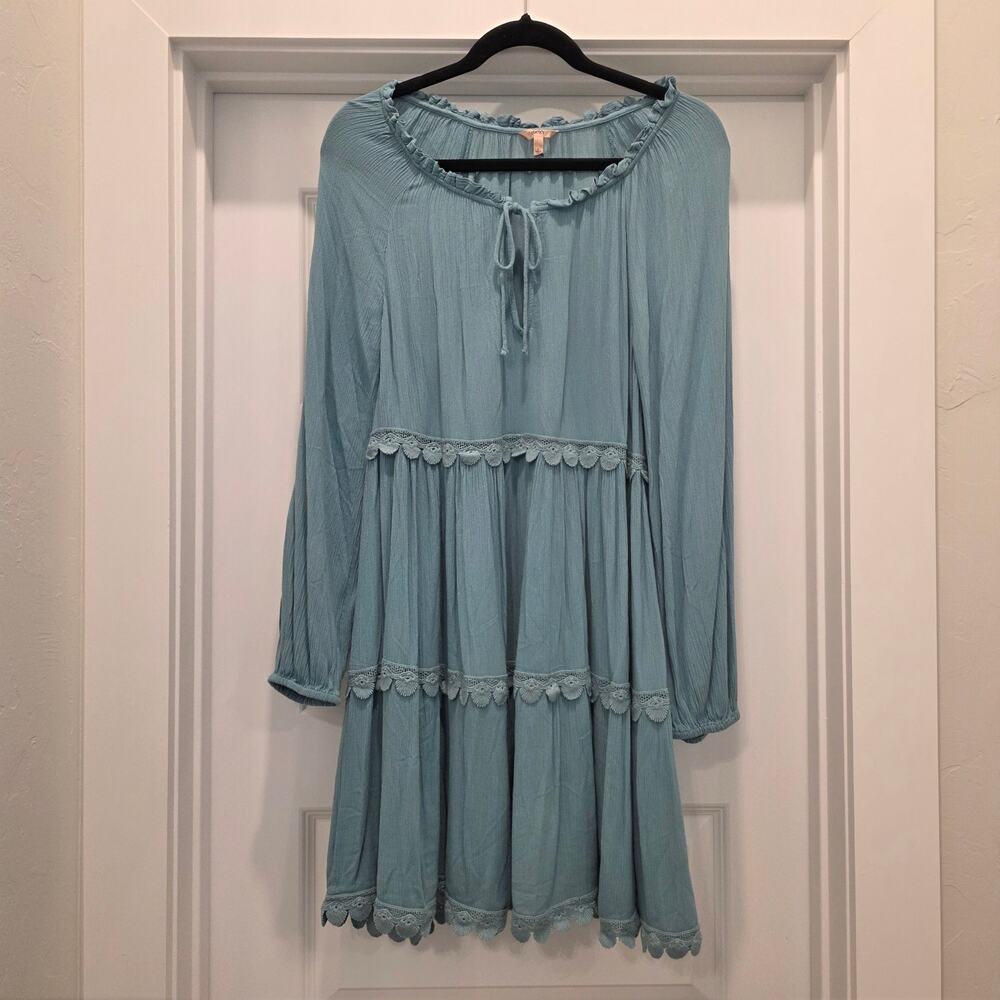 Eberjey Ruffle Dress Womens S Blue Long Sleeve Tiered Boho Lounge Midi Dress